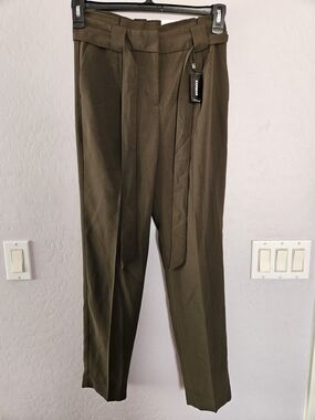 Express Olive Green Paperbag Waist Ankle High Rise Pants with Self Tie